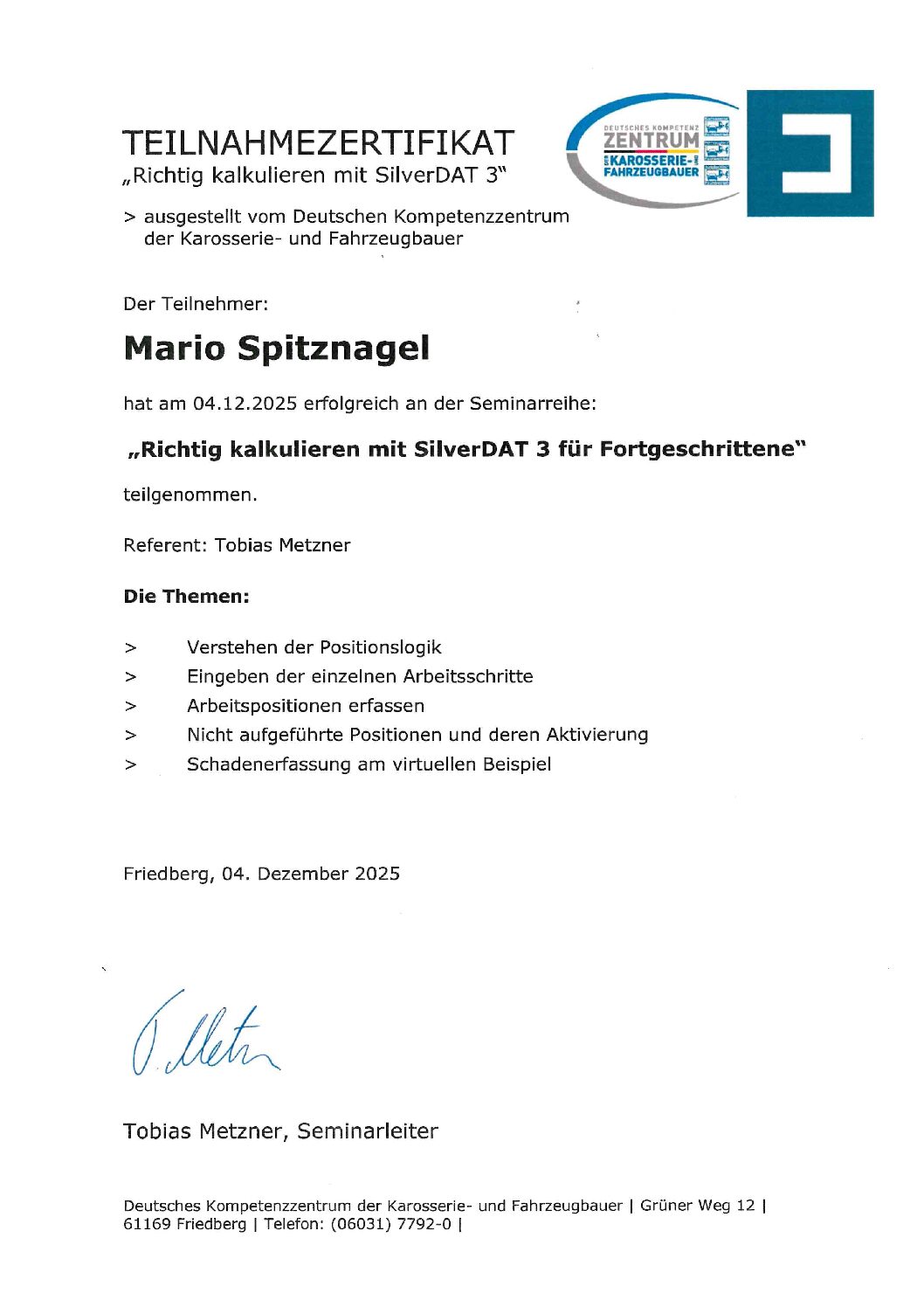 Teilnahmezertifikat DAT-Schulung 12.25